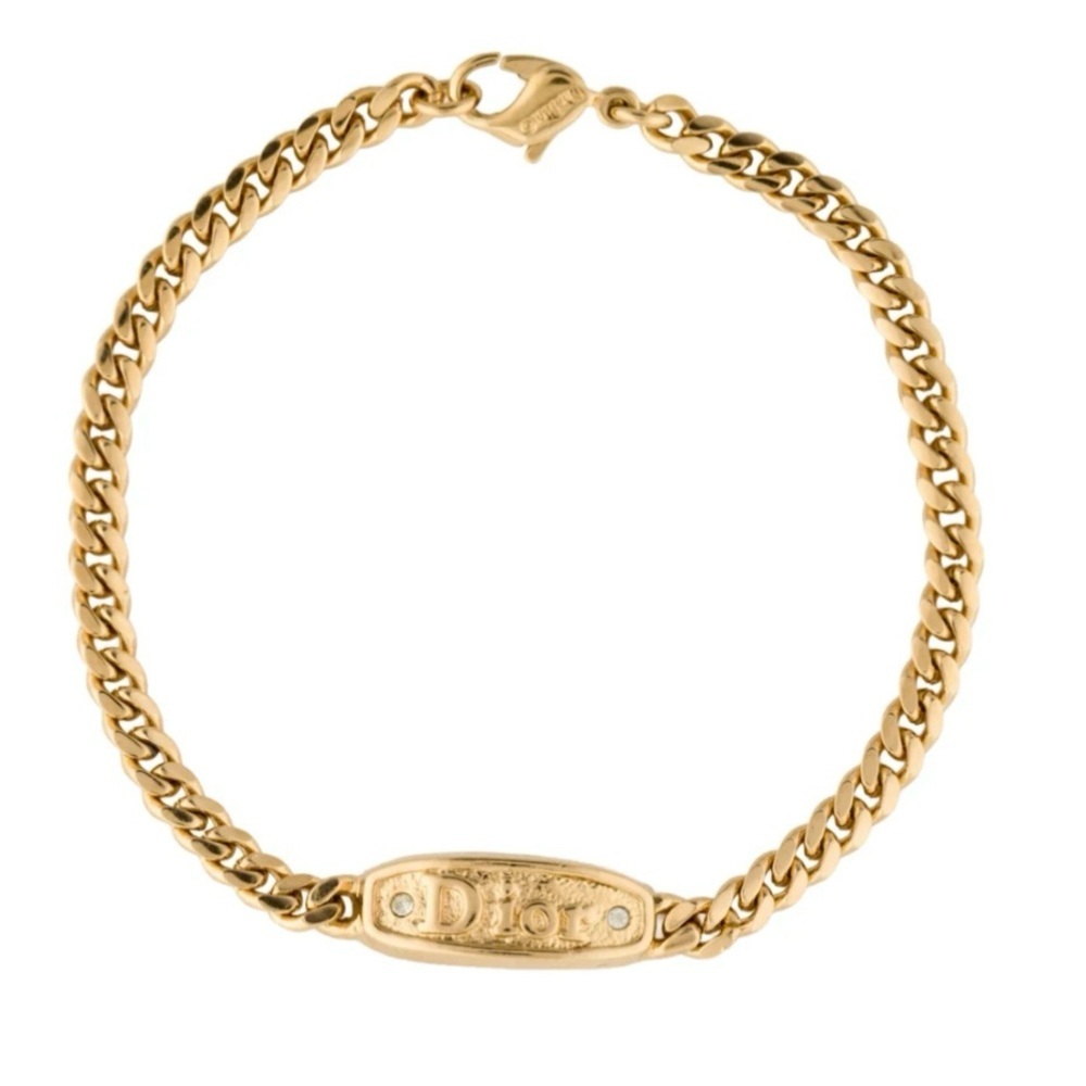 DIOR Vintage Crystal Logo Plate Chain Bracelet
